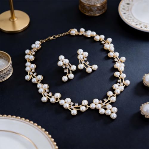 Faux Pearl Bridal Jewelry Set,Necklace Earrings Wedding Set | Vintage Flower Design, Hypoallergenic, Lightweight.