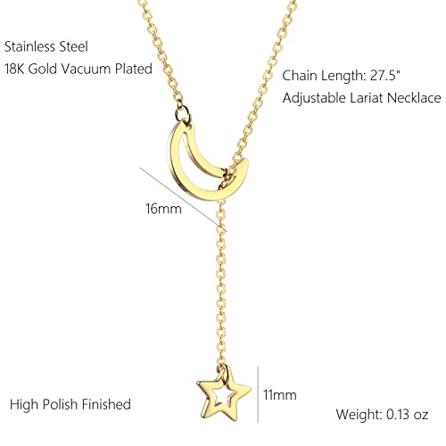 18K Gold Plated Stainless Steel Bee Honeycomb Pendant Necklace, Adjustable Y Lariat Conch/Guitar/Horseshoe Necklace for Women - color: Gold, style: Moon Star