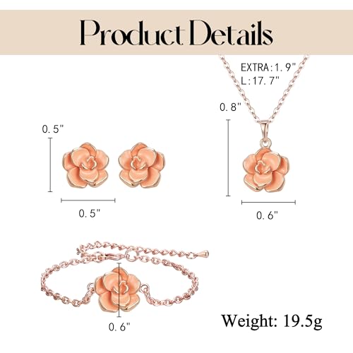 EleQueen Rose Flower Necklace Earrings Bracelet Set for Women - color: Orange-Rose Gold