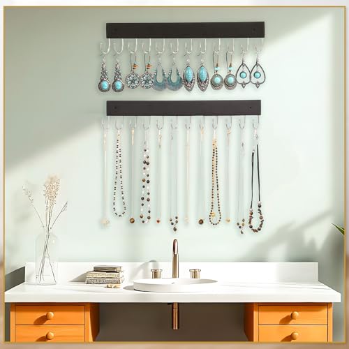 Hanging Jewelry Organizer, 2 Pack Wall Mount Wooden Holder | Natural Wood, 24 Rotating Hooks, Wall Mounted With Screws, For Necklaces, Bracelets, Earrings And Keys - color: Black