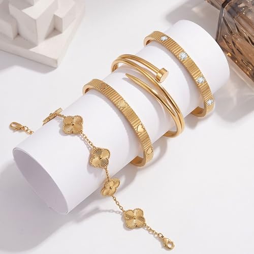 Stackable Gold Bracelets for Women - 4 Sets, 18K Gold Plated Bracelets, Stainless Steel Bangle Bracelets Non-Tarnish, Stylish Gold Jewelry Ensemble, Valentine's Day, Birthday and Christmas Jewelry Gifts - color: A2-(Gold 4Sets)