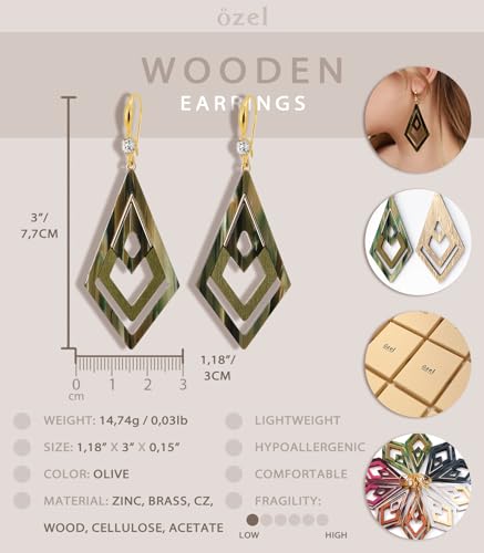 Ozel - Natural Wooden Acrylic Boho Drop Dangle Earrings for Women - Geometric Statement Jewellery - Brown, Black, Magent Red, Olive Green, White beige - color: Diamond_Olive