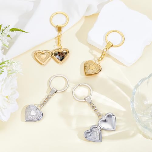 PLIGREAT 4 Pack Photo Locket Keychain, Vintage Heart Locket Keychains with Carved Flower Silver Gold Photo Lockets Key Chains that Holds Pictures Photo Lockets Pendants for Women DIY Craft