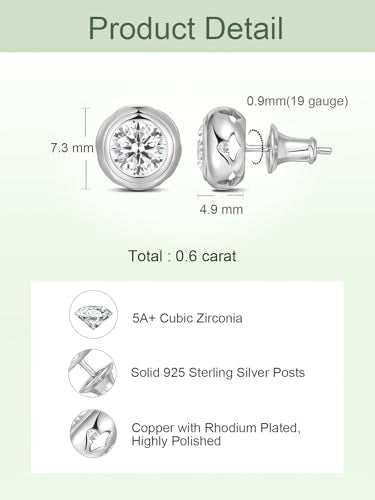 0.6-4 Carat 5A Cubic Zirconia/Simulated Emerald Sparkle Stud Earrings for Women, Hypoallergenic 925 Sterling Silver Posts, Anniversary Birthday Valentines Mothers Day Jewelry Gift - color: White Gold, size: 0.6 Carat (0.30ct * 2)