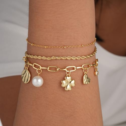 3PCS Charm Gold Bracelets for Women Non Tarnish,14k Plated Gold Bracelet Stack Cute Dainty Stackable Trendy Bow Cross Clover Bracelets Set Tarnish Free Gold Jewelry for Women Gifts - color: Three-Gold