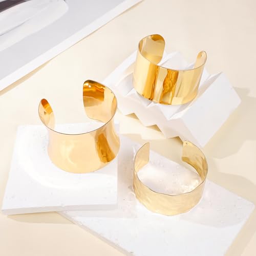 3PCS Chunky Cuff Bracelets for Women Irregular Minimalist Statement Bangle Bracelets Set Open Wide Wire Grooved Hammered Bangle Bracelet Gold Sliver Wrist Cuff Wrap Bracelet Adjustable - color: Gold Cuff Bracelets D