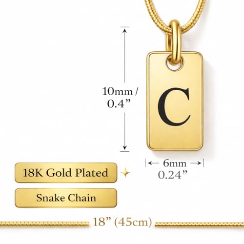 Initial Necklace in 18K Gold Plated, Personalized Engraved Letter Pendant, Gold Snake Chain, 6×10 mm Rectangle Charm for Women - color: C
