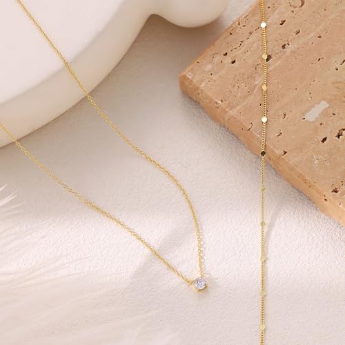 Layered Choker Necklace for Women Stackable Chain Dainty Zircon Pendant Set | 2PCS, Silver/14K Gold Plated, Box/Ball/Rope/Lip chain, Layering Diamond Cut CZ Pendant, Dainty Thin Chain, Trendy Prom Gift - color: Gold, style: Style 03