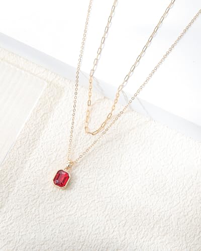 Gold Layered Necklaces for Women, 18k Gold Plated Crystal Necklace Paperclip Choker Emerald Green Jewelry for Women Gifts - color: Red
