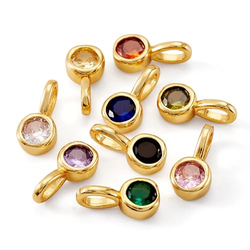 9Pcs Cubic Zirconia Charms Flat Round Brass Golden Plated Pendants Faceted Crystal Drop Birthstone Dangle Charms for DIY Necklace Earring Jewelry Making 10.5x5.5x3.5mm - color: Flat Round