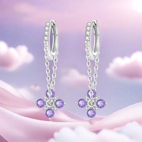 925 Sterling Silver Hoop Earrings Drop Dangle Earrings for Women Hypoallergenic Earring Trendy Huggie Earring Cute Graduation Birthday Gifts Jewelry for Women - color: Purple Flower earrings