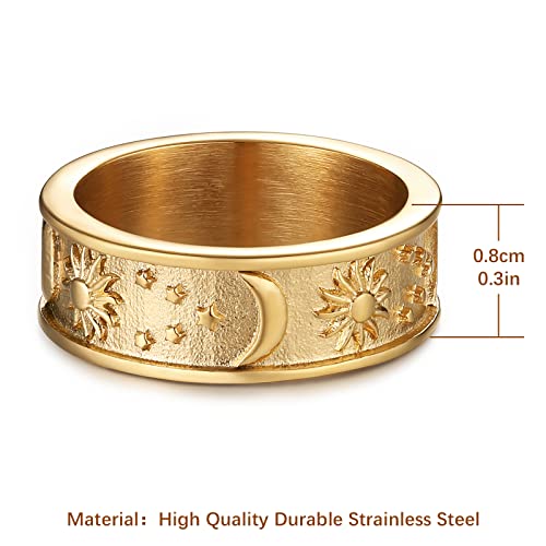 HZMAN 8mm Moon Star Sun Statement Ring Stainless Steel Boho Jewelry for Women Men - color: Gold