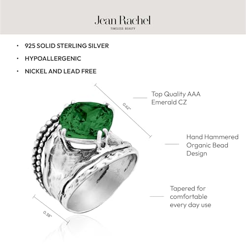JEAN RACHEL JEWELRY 925 Sterling Silver Prong Solitaire Ring | Raised crown engagement style ring mounting a precision faceted brilliant Cubic Zirconia solitaire over stacked silver rows. - color: Emerald CZ