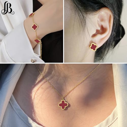 Clover Necklace Pendant Earring Bracelet Set | Designer Necklace Earring Bracelet Jewelry Set | Lovely Gift - color: Red