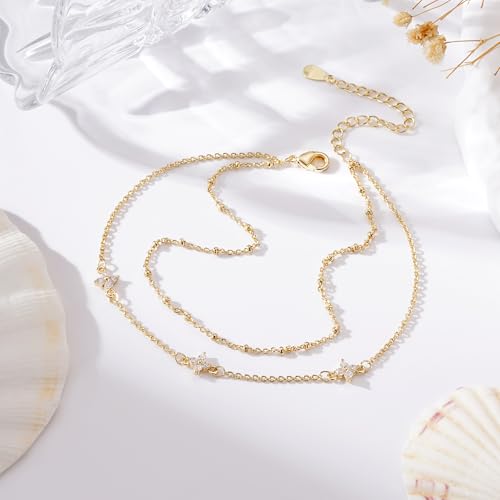 Anklets for Women Waterproof 14K Gold Plated Beach Ankle Bracelets Dainty Summer Bow Clover Heart Evil Eye Anklet Non Tarnish Layered Beach Cz Jewelry Accessories for Women Trendy - color: Gold-Clover
