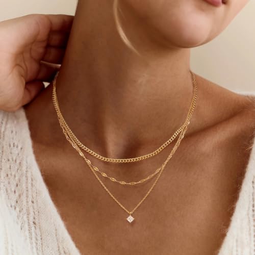 Layered Necklaces for Women, Simple Gold Necklace Stack Dainty 14K Gold Plated CZ Disc Pendant Necklace Set Non Tarnish Gold Jewelry Gifts - color: Gold-Cuban+Lip+CZ