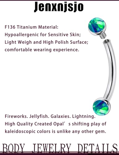 Jenxnjsjo F136 Titanium 16g 6/8/10mm Opal Eyebrow/Rook/Snug/Vertical-Labret/VCH/Snake-Eyes/Anti-Tragus/Christina/Daith/Belly-Button/Bridge/Hood/Surface Curved Barbell Piercing Jewelry for Women Men - color: Green Opal, size: 6mm