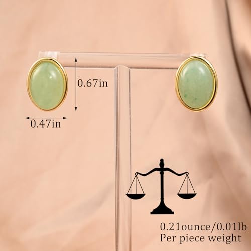 Whatforsh 14k Gold Plated Light Green Jade Oval Stone Stud Geometric Hypoallergenic Earrings for Women