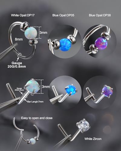 Jewseen 5Pcs Stainless Steel Nose Rings Hoops 20g Opal Nose Studs L Shaped Nose Rings Nose Piercing Jewelry Cartilage Hoop Helix Tragus Daith Earrings for Women - color: blue
