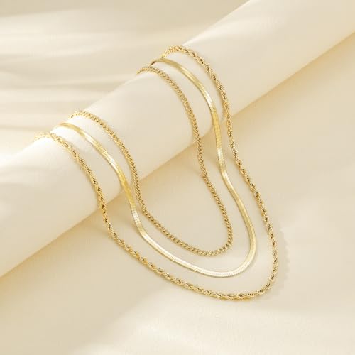 Layered Necklaces for Women, 3 Chain Choker Set, 14k Gold/Silver Plated | 3 Detachable Strands, 7+ Ways to Wear, Tangle Free Design, Herringbone Rope Curb Textures, Tarnish Resistant - color: Gold