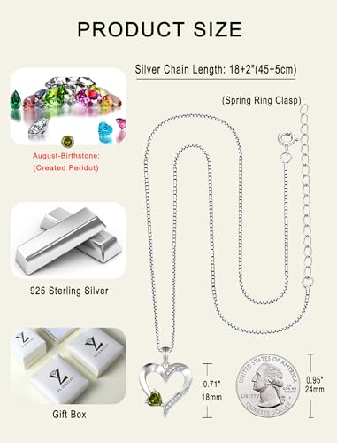 YL Heart Necklace 925 Sterling Silver Love Heart Pendant Birthstone Jewelry for Women - color: 08-peridot-Aug