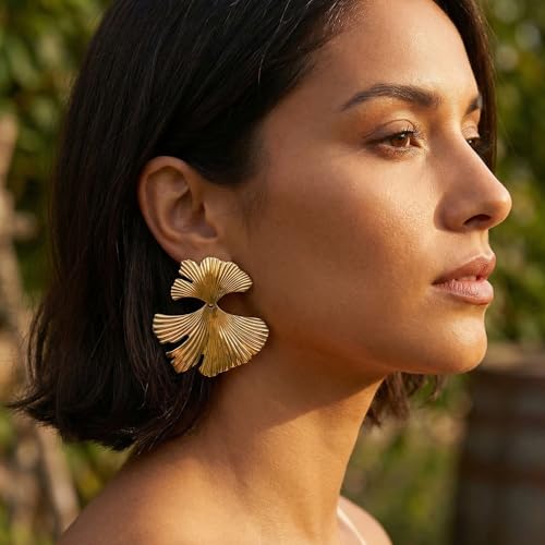 Chunky Gold Plated Flower Statement Drop Earrings for Women | Hypoallergenic 18K Gold Plated Textured Petal Wing, Large Statement Dangle Earrings for Wedding Party - color: Gold Ginkgo Leaf-C