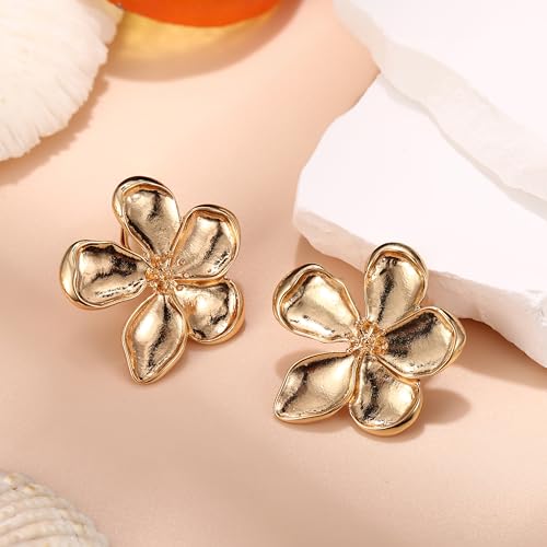Gold Clip On Earrings for Women Trendy Non Piercing Flower Dangle Earrings Floral Earring 14K Gold Plated Lightweight Earrings for Non-Pierced Ears Fake Earrings Set - style: Flower Earrings