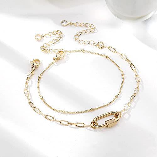 Dainty Gold Bracelets for Women, 14K Gold Plated Adjustable Layered Beads Bracelet Cute Evil Eye Oval Chain Pearl Bar Turtle Gold Bracelets for Women Jewelry - style: Beads Chain&Oval Screw Clasp