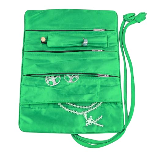 TUMBEELLUWA Embroidery Travel Jewelry Bag Roll Embroidered Flower and Bird Brocade Organizer with Tie Close - color: Deep Green