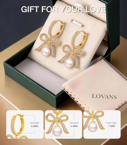 Pearl Drop Huggie Hoop Earrings for Women, Gold & Silver Hypoallergenic Bow | 14K Gold Plated, 925 Sterling Silver Posts, Hypoallergenic, Ideal Gifts for Wedding Anniversary Birthday Mother's Day - color: Gold