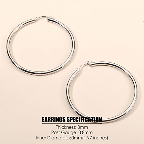 MILACOLATO S925 Sterling Silver Post Hoop Earrings 14K Gold Plated Hoops 3mm Chunky Large Big Hoop Earrings Hypoallergenic Lightweight Earrings for Women 15/20/30/40/50/60/70mm - style: silver-50mm(1.97inch)