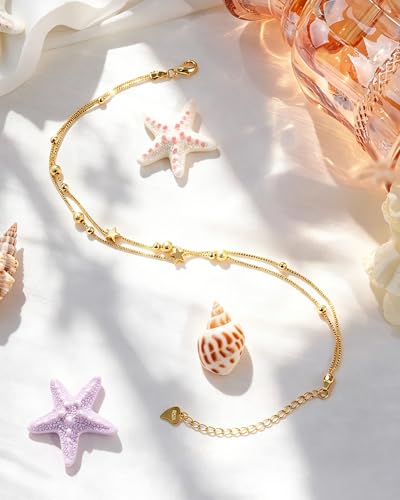Silver Ankle Bracelets for Women, Butterfly/Stars Cute Charm Anklet, 14K Gold Plated Layered Chain Anklets for Women Teen Girls - style: Star-Gold