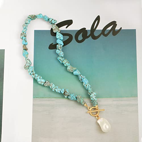 18k Gold Plated Chain Link Necklace for Women, Baroque Pearl/Compass Pendant Necklace - color: Turquoise Baroque