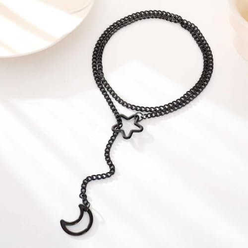 Heart Slip Chain Necklace for Women, 36 Inch Gothic Punk Cuban Chain, Removable Black Heart O-Ring, Detachable Heart Pendant, Adjustable Stainless Steel Y-Necklace. - color: star moon