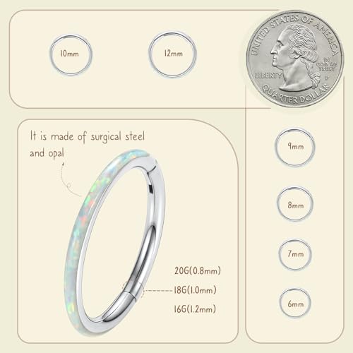 AROWRO Nose Rings Hoops with Opal Hinged Nose Rings for Women Surgical Steel Septum Rings 16G 18G 20G Conch Helix Daith Piercing Jewelry Diameter 6mm-12mm - color: Silver&White Opal, size: 16G(1.2mm)-6mm