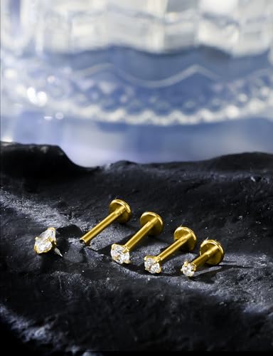 18G 16G Internal Thread Flat Back Nose Stud Earrings Surgical Steel Conch Tragus Cartilage Medusa Monroe Labret Lip Rings Piercing Jewelry for Women Men CZ Silver Black Gold Hypoallergenic - color: Gold, size: 16g