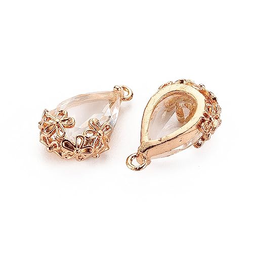 FASHEWELRY 50Pcs Faceted Teardrop Glass Charms Transparent Crystal Drop Pendants with Light Gold Brass Flower Setting for DIY Bracelet Necklace Earring Jewelry Craft Making - color: 1-Clear