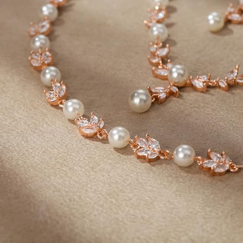 EleQueen Women's Simulated Pearl Wedding Jewelry Set for Brides | Cubic Zirconia Necklace Earrings Bracelet Set for Brides Bridesmaids, Bridal Jewelry Set for Anniversary/Memorial Day - style: Elegant Necklace Set Rose Gold-Plated-Base