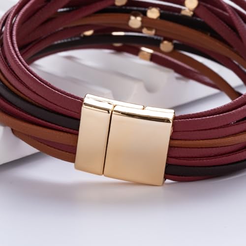 Stackable Beaded Leather Wrap Bracelet Boho Western Country Beach Jewelry | Layered Bead Stack Multi Strand Magnetic Clasp Cuff Bangle Bohemian Hippie Cowgirl Fashion Summer Vacation Outfits for Women - color: Burgundy