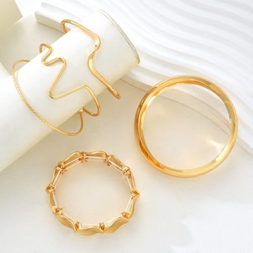Golden Stackable Bracelets Set for Women Trendy Multi Layer Adjustable Chunk Flower Cuff Bracelet Geometric Irregular Wave Statement Bangle Glamour Stacking Cuff Jewelry - color: Gold-A