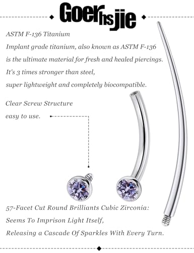 F136 Titanium 16g 6/8/10mm Eyebrow/Rook/Snug/Vertical-Labret/VCH/Snake-Eyes/Anti-Tragus/Christina/Daith/Belly-Button/Bridge/Hood/Surface Curved Barbell Piercing Jewelry for Women Men - color: Purple, size: 10 mm (3/8 in)
