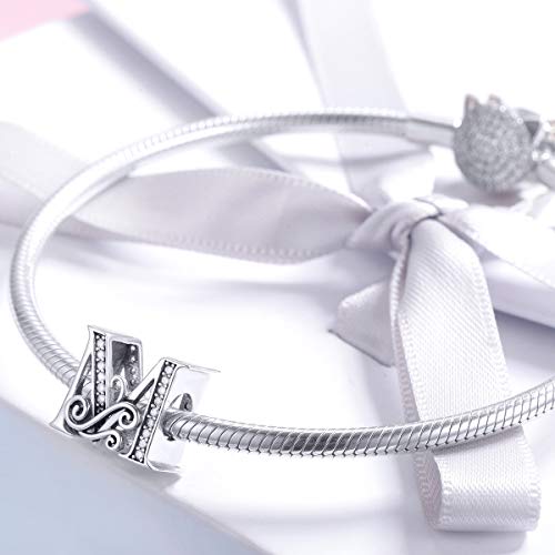 BISAER 925 Sterling Silver Initial Letter A-Z Charms for Bracelets Alphabet Beads Charm Jewelry Gifts - color: Letter M
