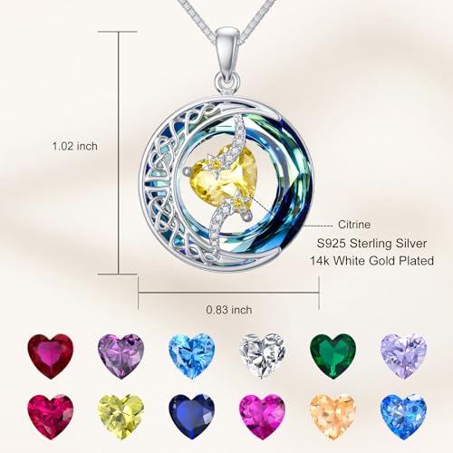 TOUPOP Birthstone Necklace Women Sterling Silver Moon Star Birthday Jewelry | Celtic Moon Pendant with Blue Crystal Anniversary Christmas Jewelry Gifts for Wife Mom Her - color: A-11-Citrine