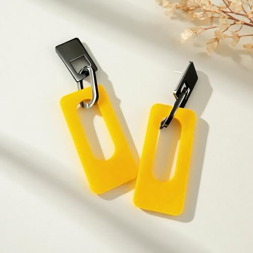 Boho Lightweight Retro Simple Acrylic Splicing Rectangle Earrings for Women Creative Exaggerated Statement Dangle Drop Earrings Jewelry - color: Black Yellow