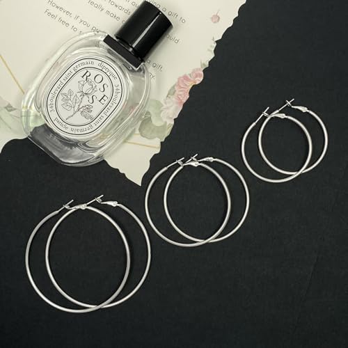 3 Pairs Sterling Silver Large Hoop Earrings Set for Women 40 50 60MM | 14K White Gold Plated, Hypoallergenic - style: A:Silver 40mm 50mm 60mm