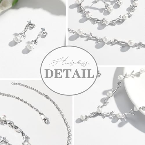 Jewelry Set for Women, Necklace Dangle Earrings Bracelet Set with White AAA Cubic Zirconia, Allergy Free Wedding Party Jewelry for Bridal Bridesmaid - color: Necklace+Braclelet+Earrings-pearl style