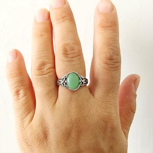 Viking Celt Knot Oval Natural Stone Ring,Retro S925 Sterling Silver Quartz Gemstone Ring,Punk Gothic Crystal Ring for Women - color: A05_Dongling Jade