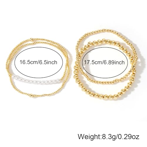 14K Gold Plated Beaded Bracelets Stack Set for Women,Stretch Boho Ball Jewelry Friendship Trendy - color: Pearl