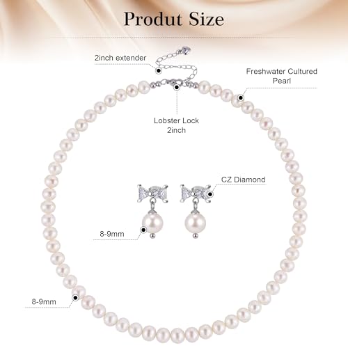 Freshwater Cultured Pearl Necklace Set Includes Cute Bow Pearl Earrings Jewelry for Women - size: 8 to 9mm