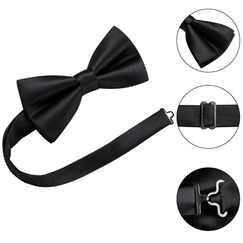 Hi-Tie 5Pcs Mens Solid Color Silk Tie Satin Pretied Bowtie Lapel Pin for Men Handkerchief Cufflink Wedding Gift Box - color: Black